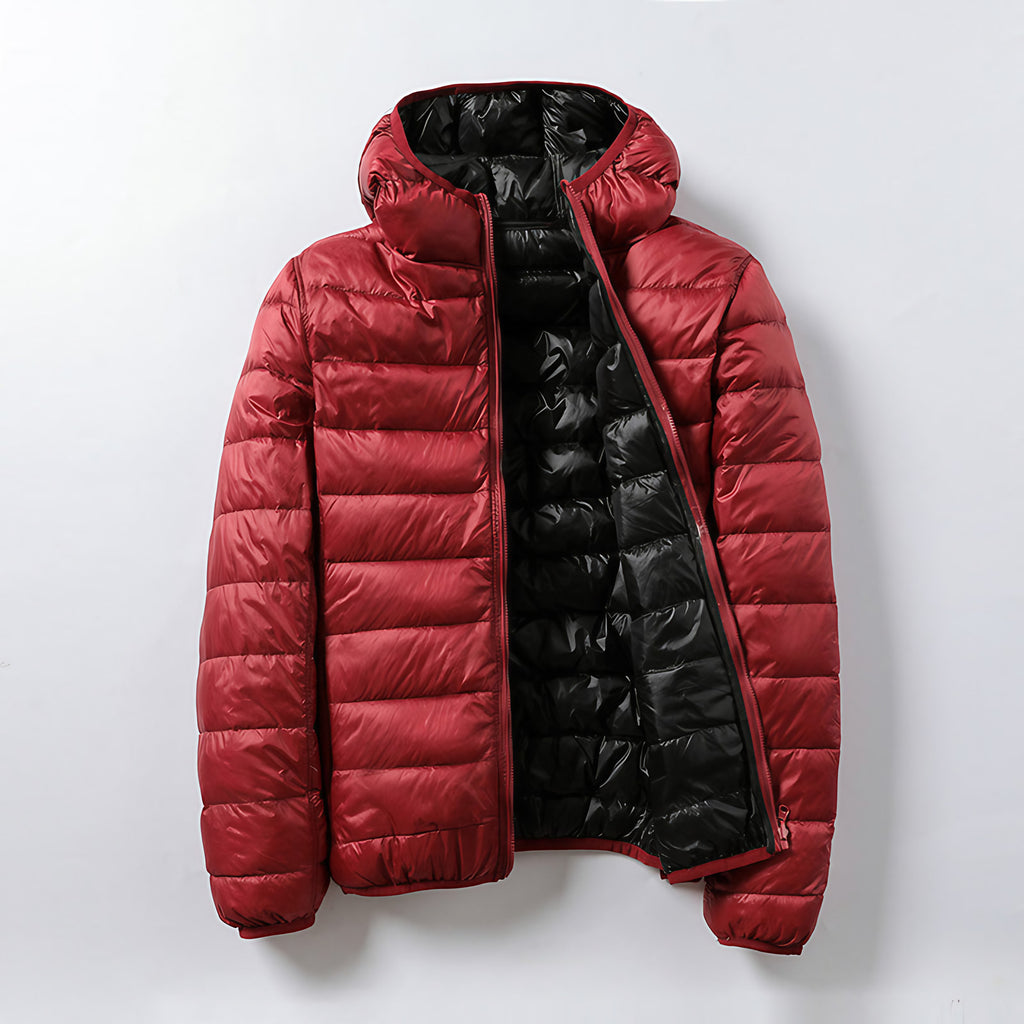 Veste matelassée légère mixte à capuche, pliable, huit coloris, rouge et noir
