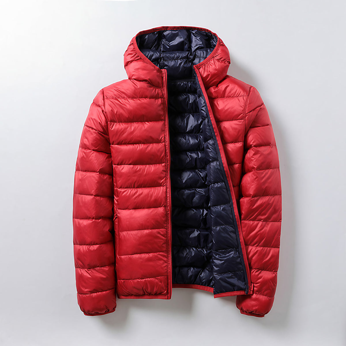 Veste matelassée légère mixte à capuche, pliable, huit coloris, orange et noir
