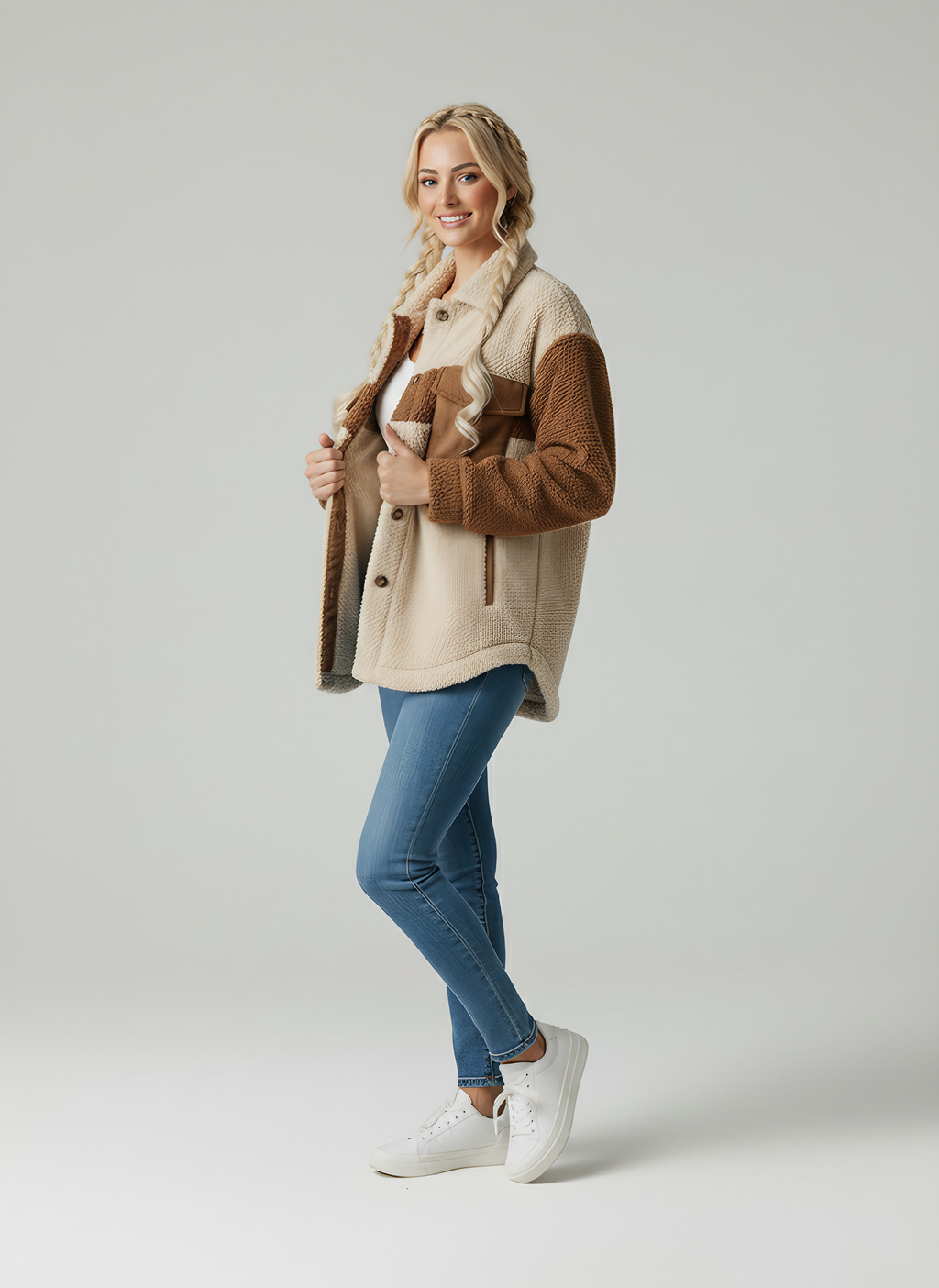 Veste sherpa femme boutonnée, deux poches poitrine, du S au 2XL