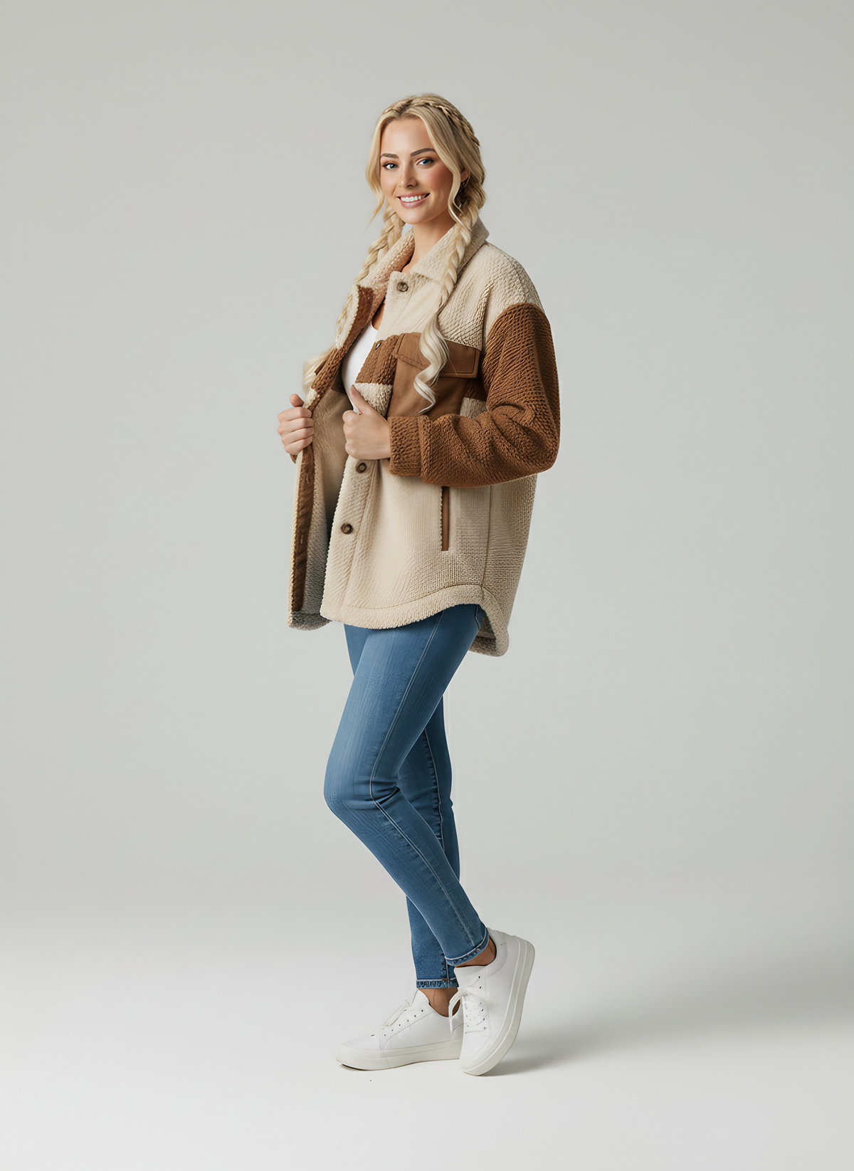 Veste sherpa femme boutonnée, deux poches poitrine, du S au 2XL