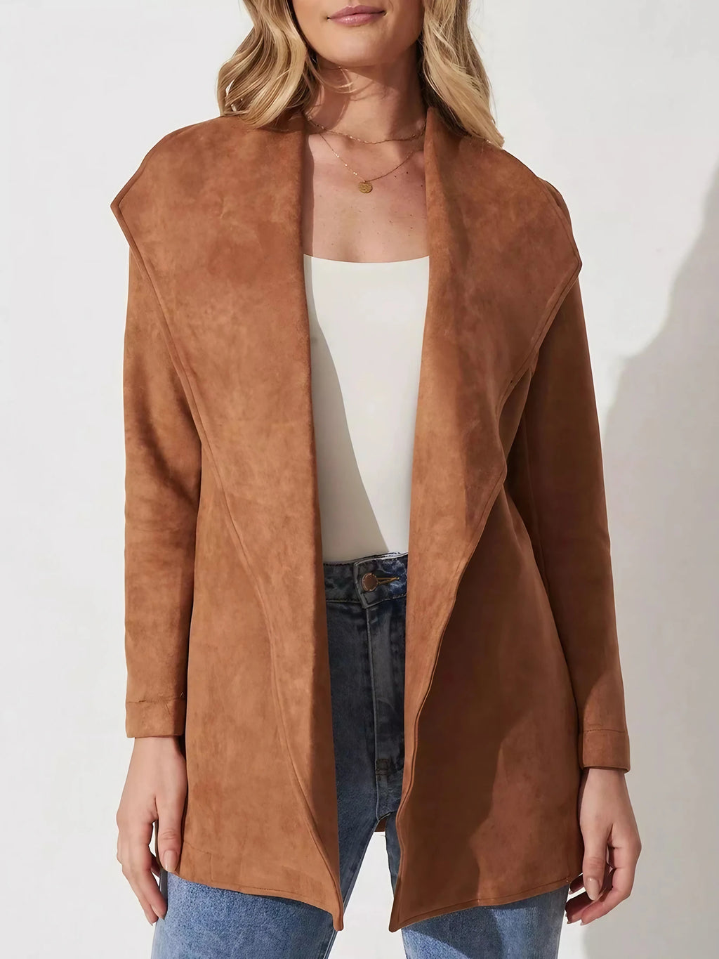 Veste fluide femme à col large, sans fermeture, marron ou noir, marron