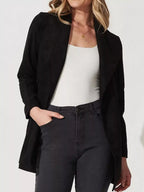 Veste fluide femme à col large, sans fermeture, marron ou noir