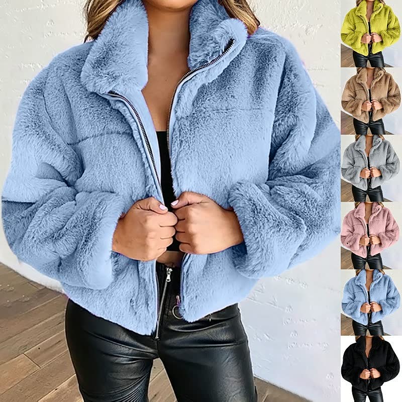 Veste teddy courte femme, col montant zippé, du S au 5XL