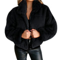Veste teddy courte femme, col montant zippé, du S au 5XL, noir