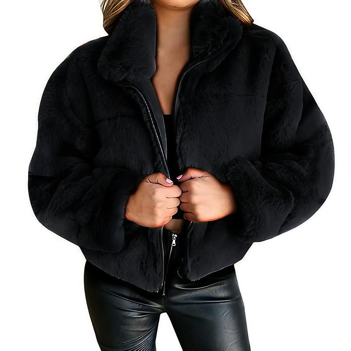 Veste teddy courte femme, col montant zippé, du S au 5XL, noir