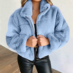 Veste teddy courte femme, col montant zippé, du S au 5XL, bleu