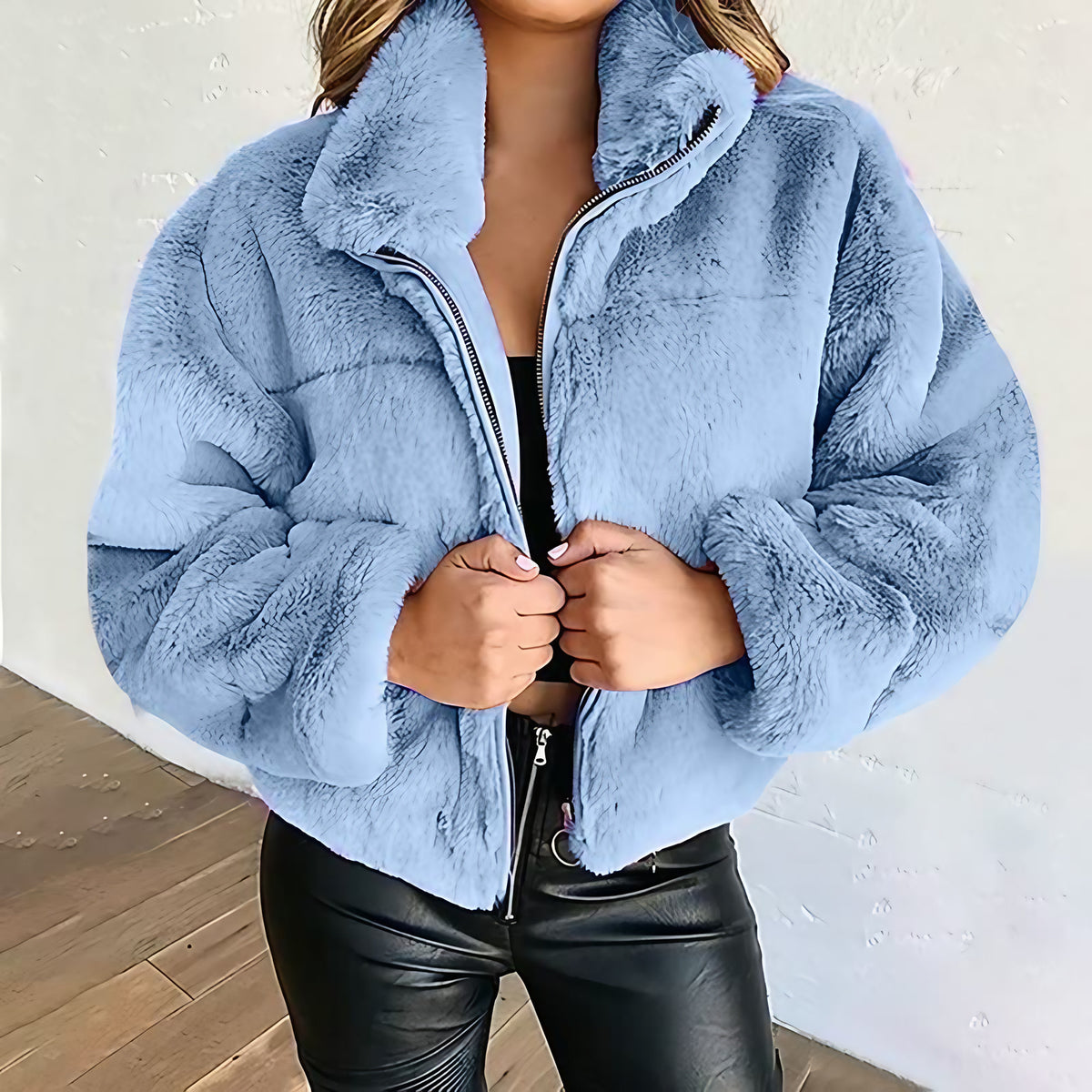 Veste teddy courte femme, col montant zippé, du S au 5XL, bleu