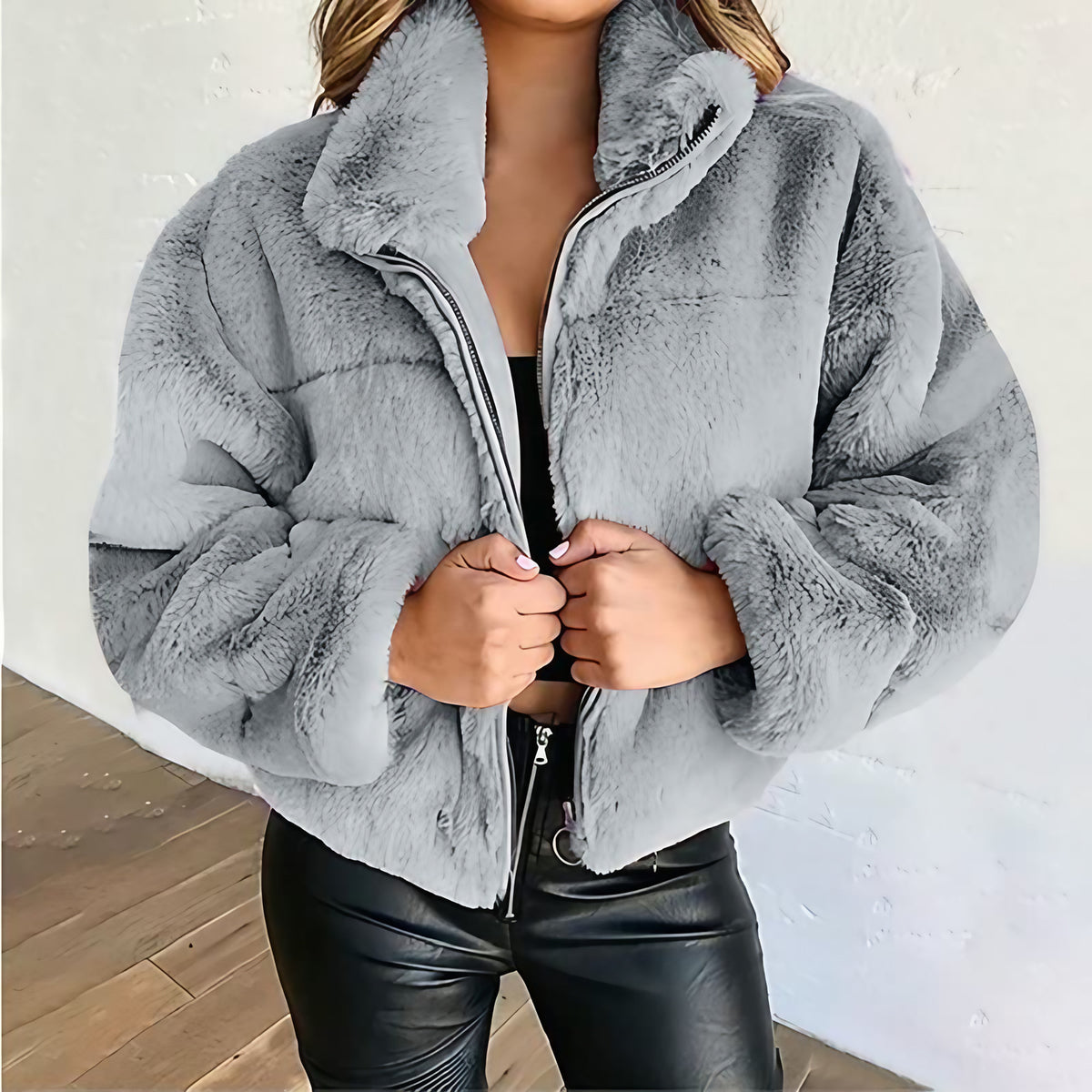 Veste teddy courte femme, col montant zippé, du S au 5XL, gris