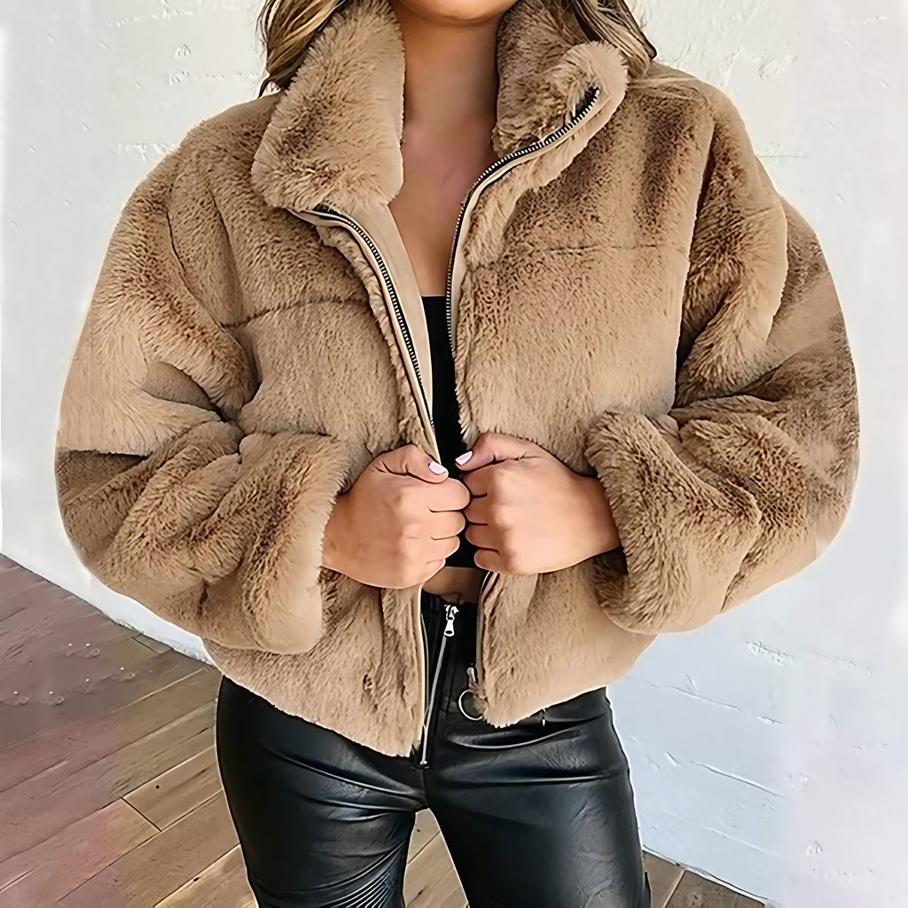 Veste teddy courte femme, col montant zippé, du S au 5XL, kaki