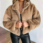 Veste teddy courte femme, col montant zippé, du S au 5XL, kaki