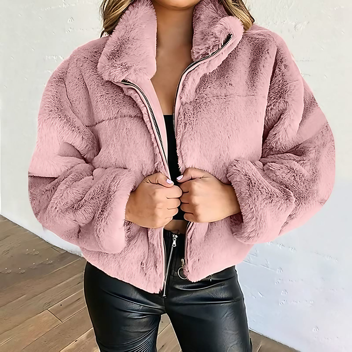 Veste teddy courte femme, col montant zippé, du S au 5XL, rose