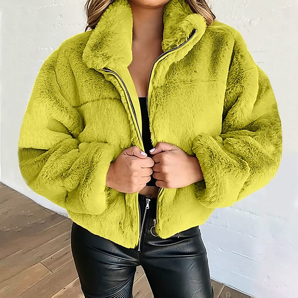 Veste teddy courte femme, col montant zippé, du S au 5XL, jaune