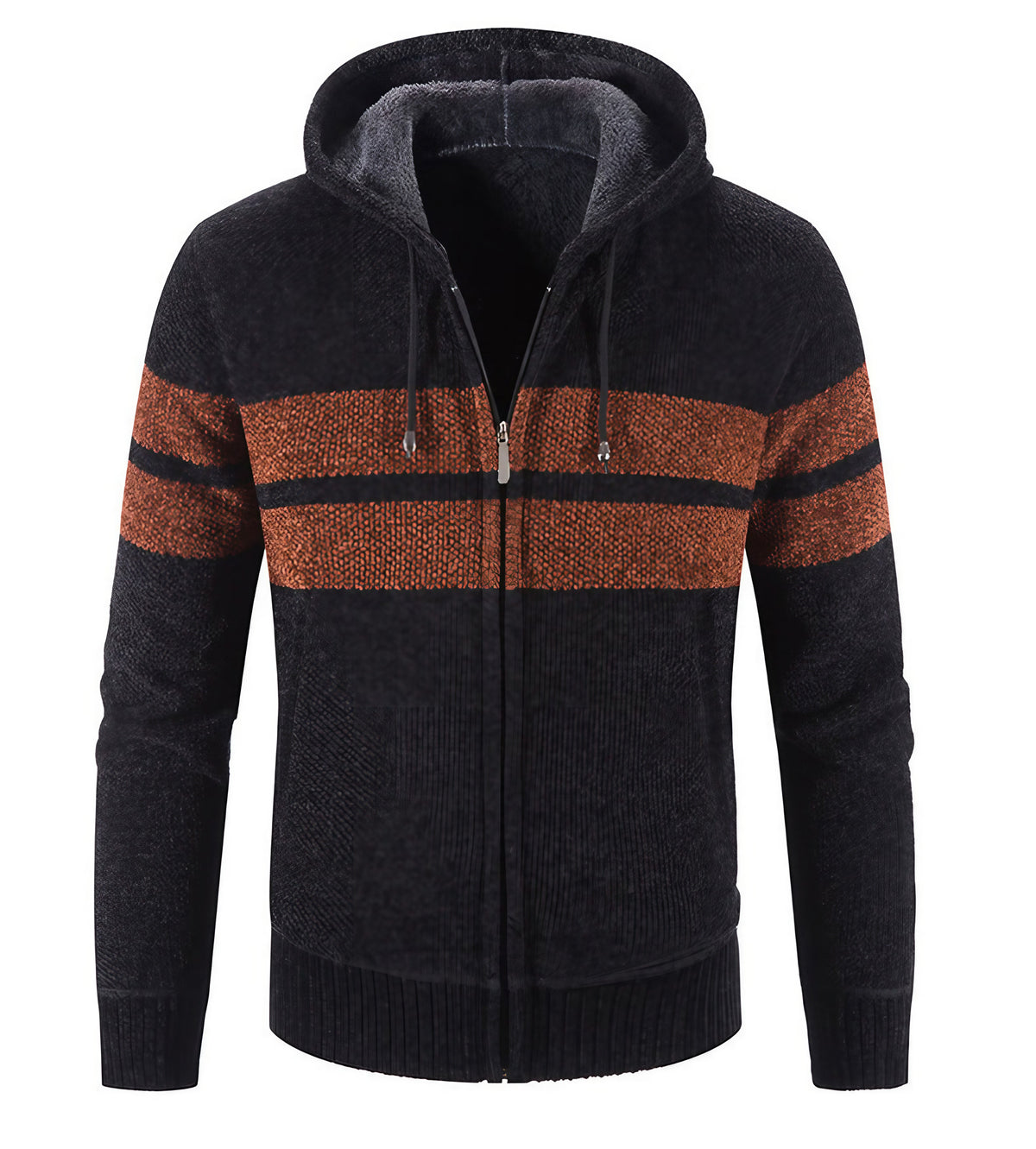 Veste en maille homme à capuche, doublure thermique, rayures, noir
