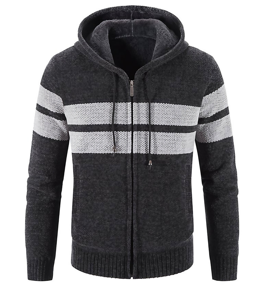 Veste en maille homme à capuche, doublure thermique, rayures, gris foncé