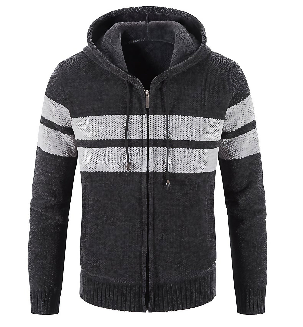 Veste en maille homme à capuche, doublure thermique, rayures, gris foncé