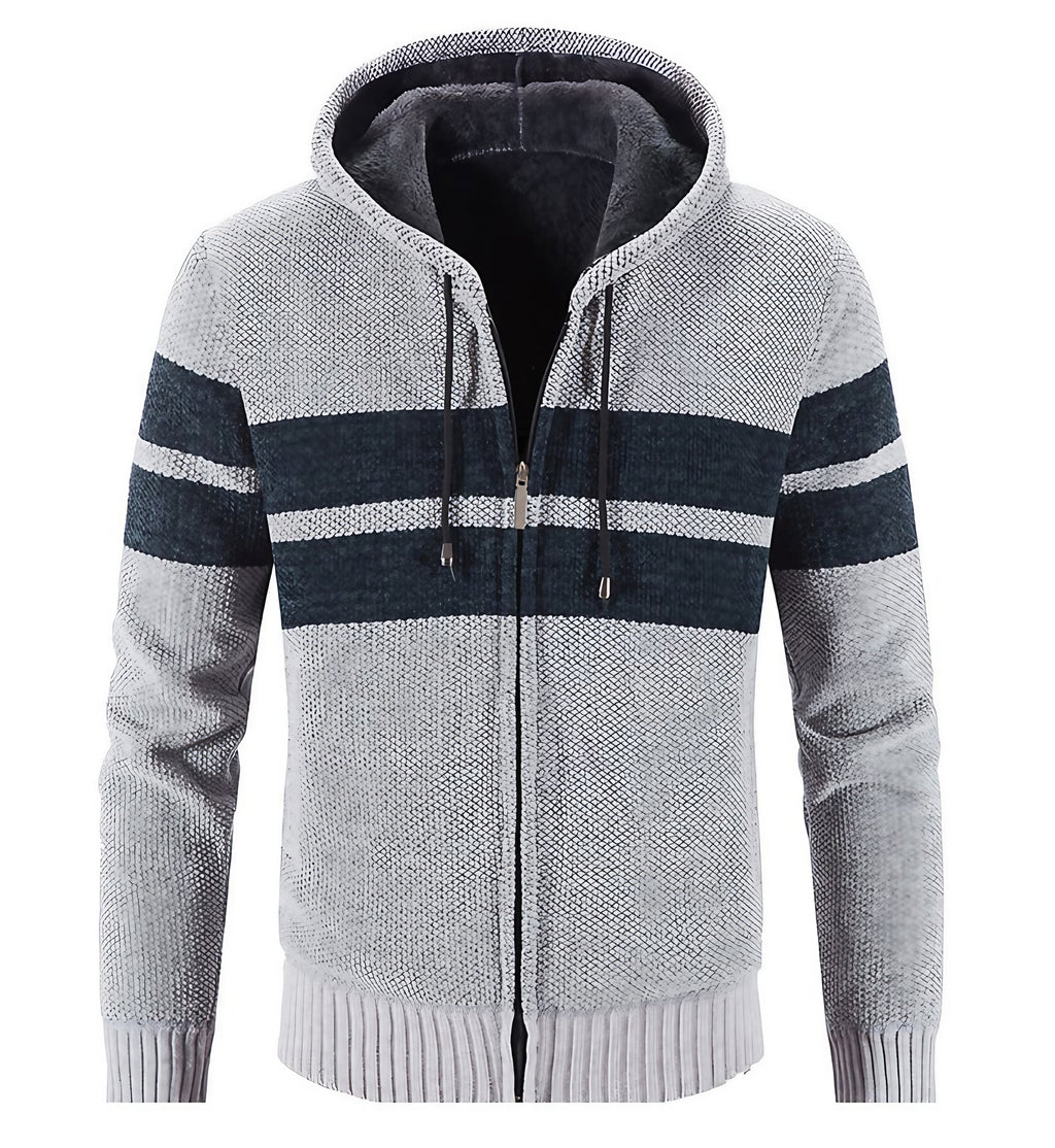 Veste en maille homme à capuche, doublure thermique, rayures, gris clair
