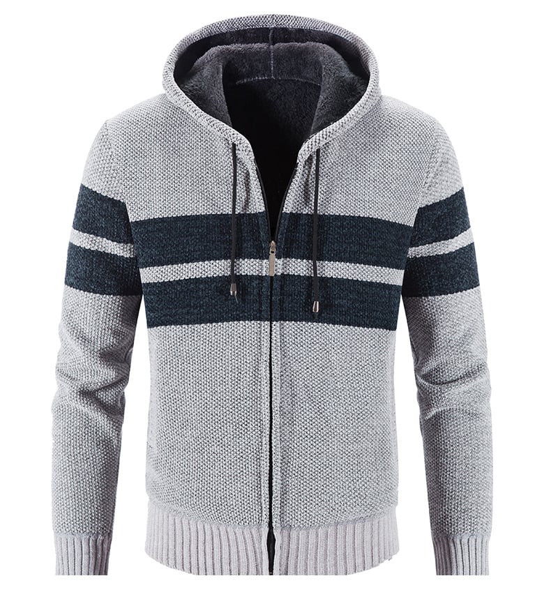 Veste en maille homme à capuche, doublure thermique, rayures, gris clair