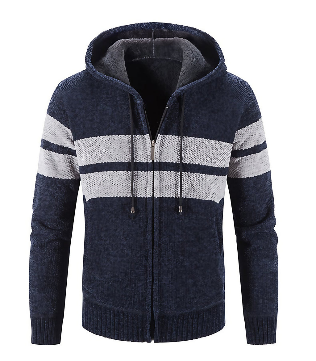 Veste en maille homme à capuche, doublure thermique, rayures, bleu