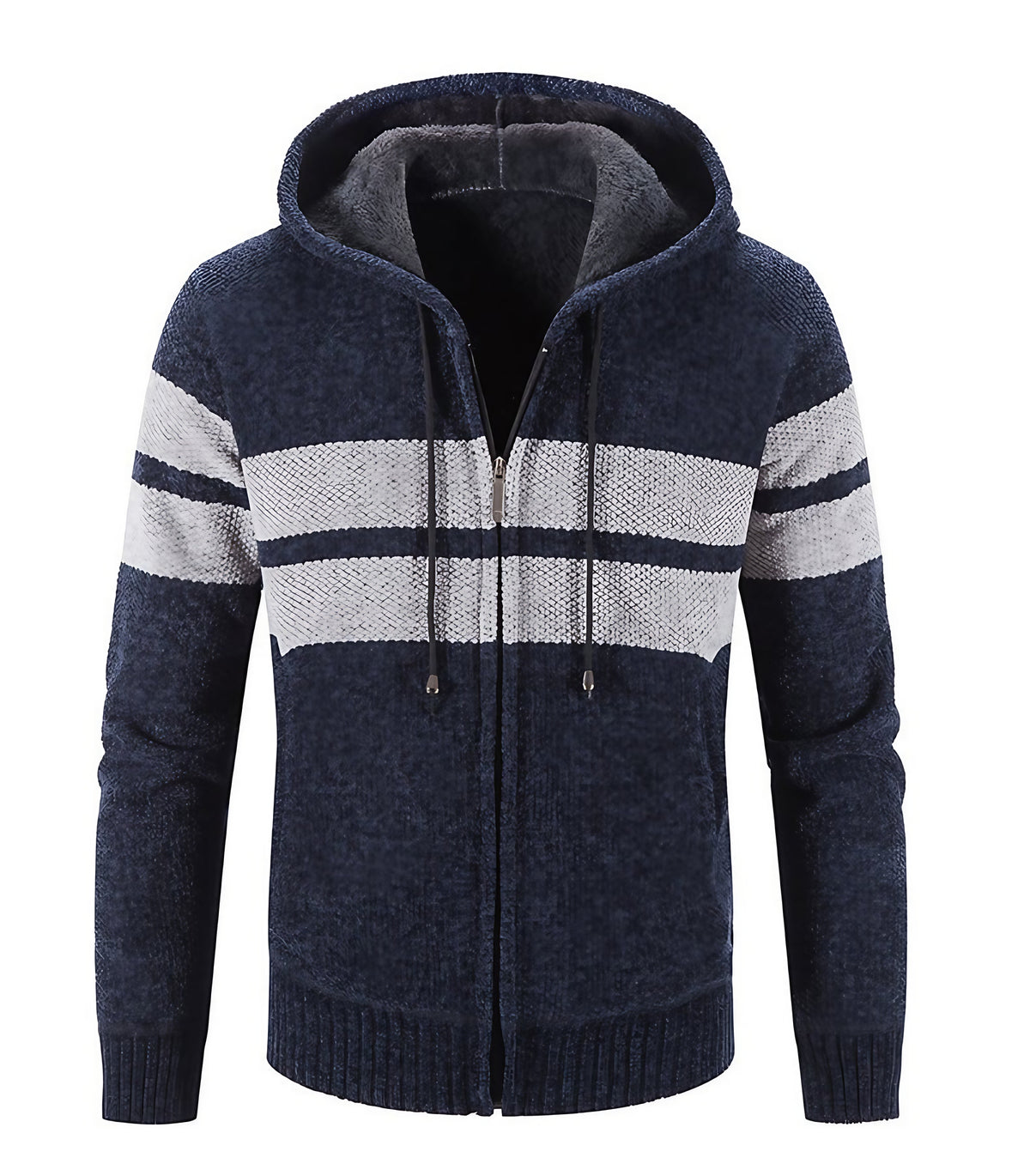 Veste en maille homme à capuche, doublure thermique, rayures, bleu