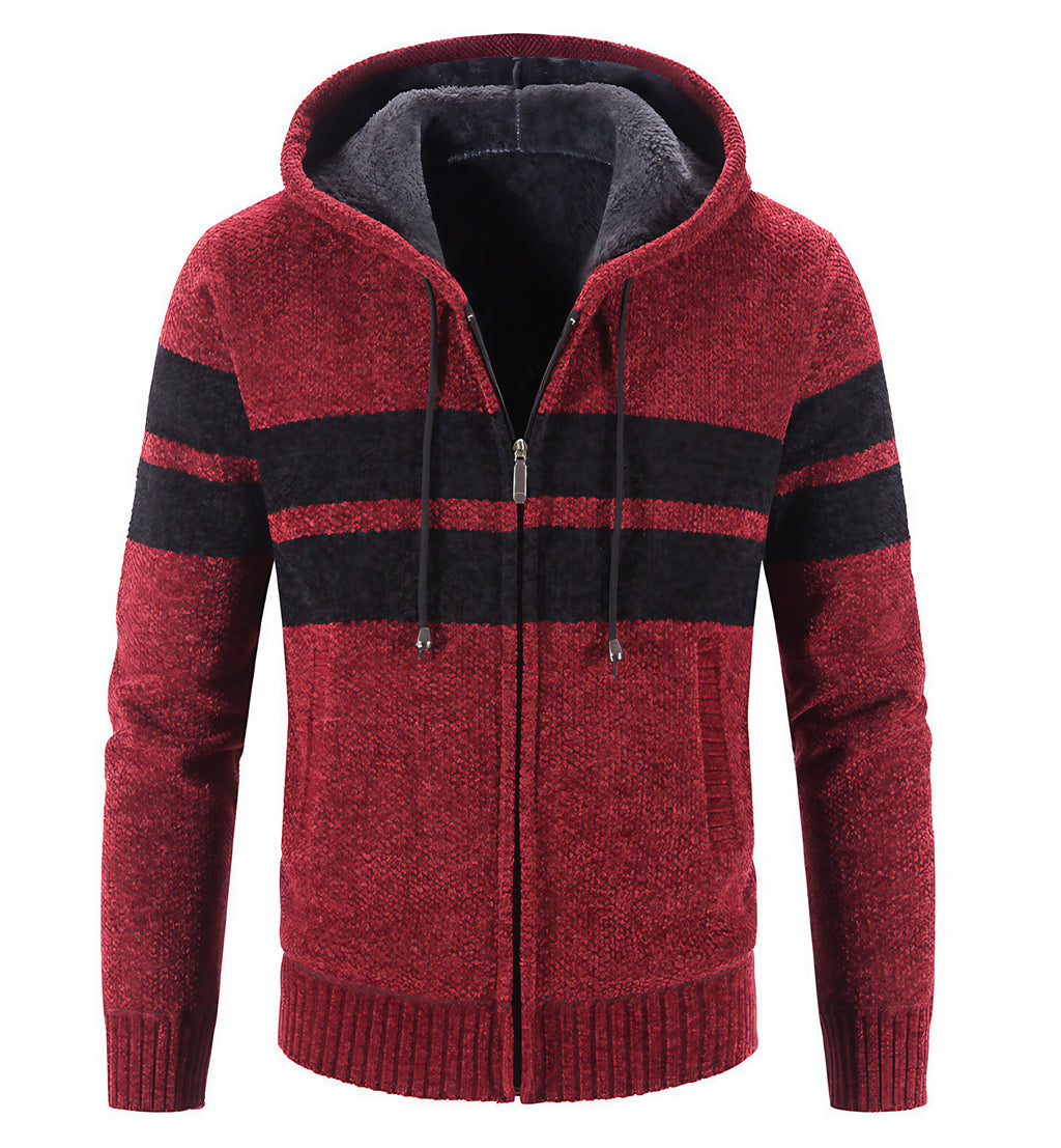 Veste en maille homme à capuche, doublure thermique, rayures, rouge
