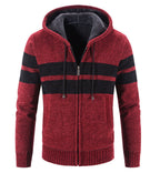 Veste en maille homme à capuche, doublure thermique, rayures, rouge