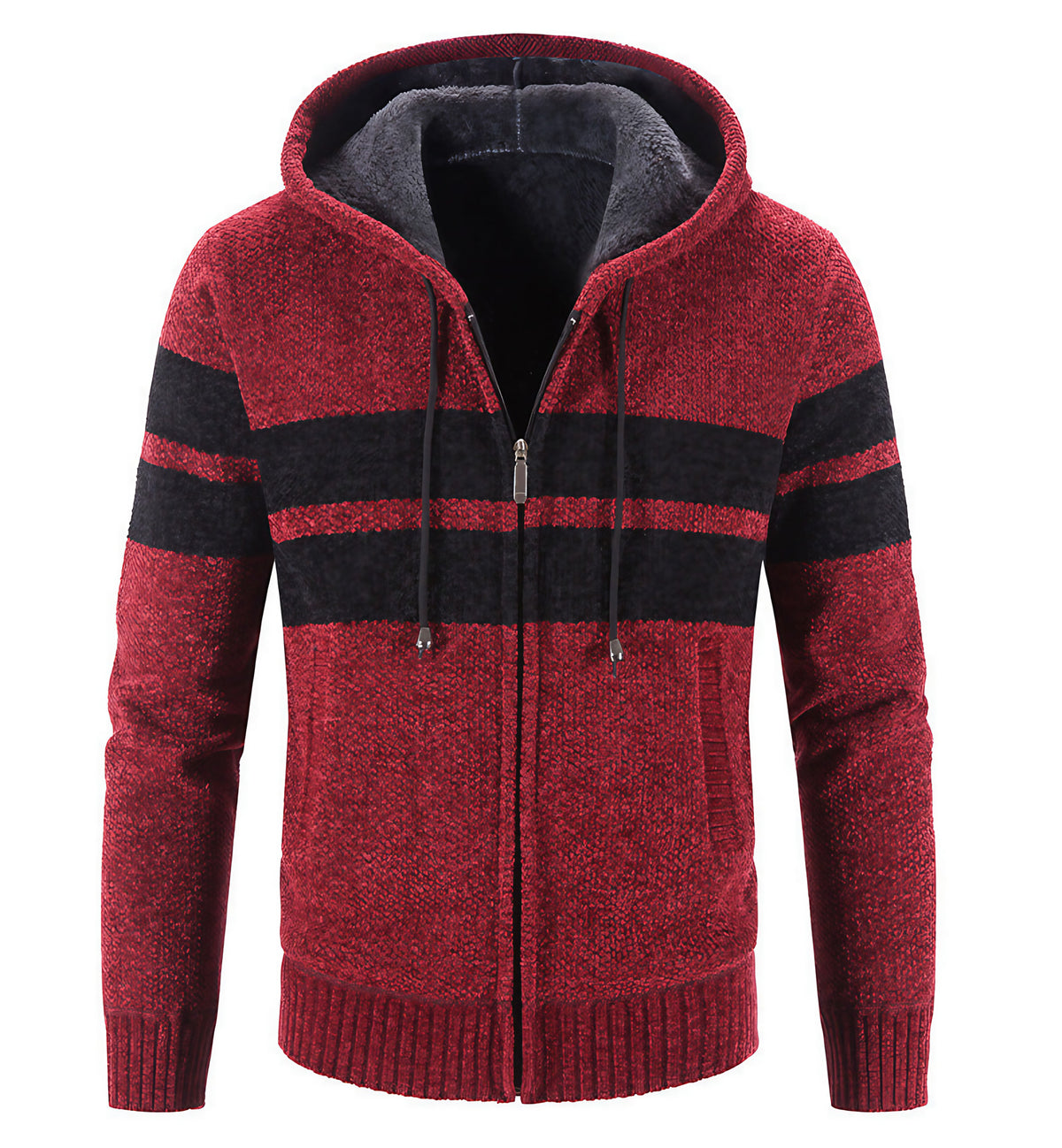 Veste en maille homme à capuche, doublure thermique, rayures, rouge