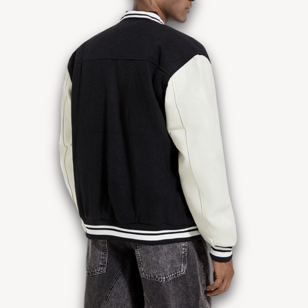 Veste universitaire homme à boutons pression, manches effet cuir