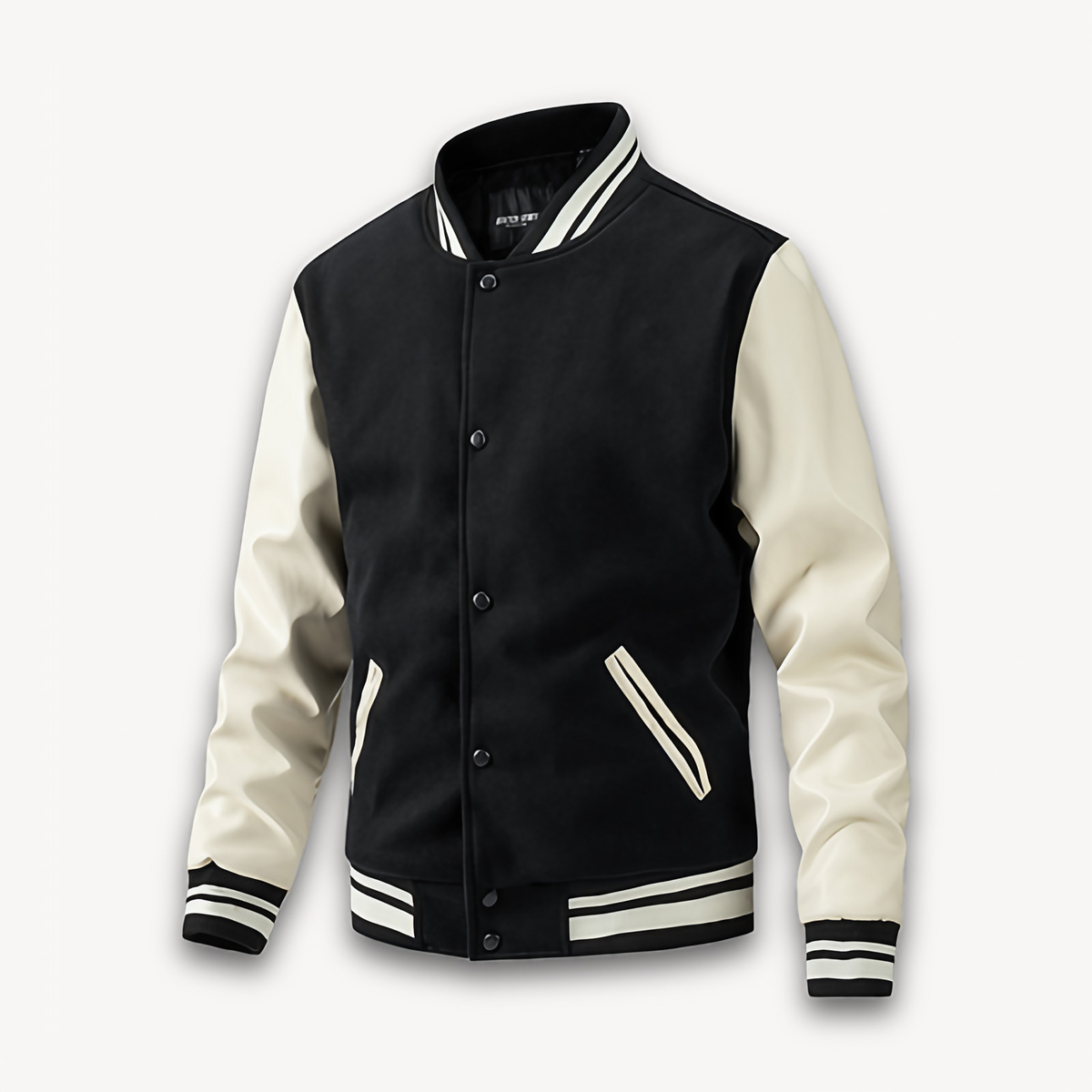 Veste universitaire homme à boutons pression, manches effet cuir, noir