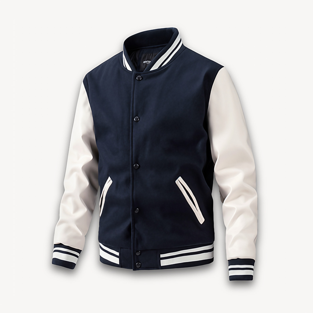 Veste universitaire homme à boutons pression, manches effet cuir, bleu marine
