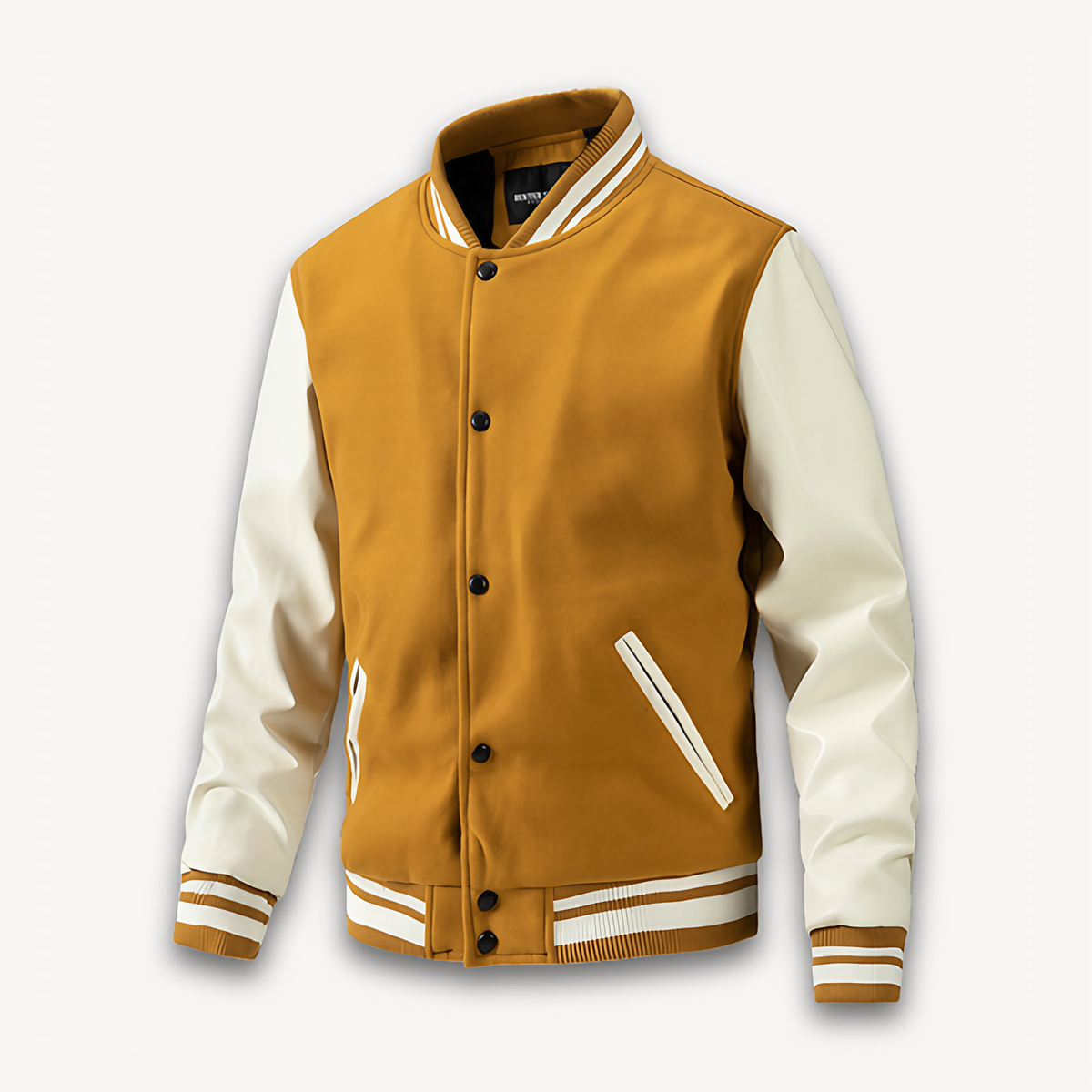 Veste universitaire homme à boutons pression, manches effet cuir, jaune