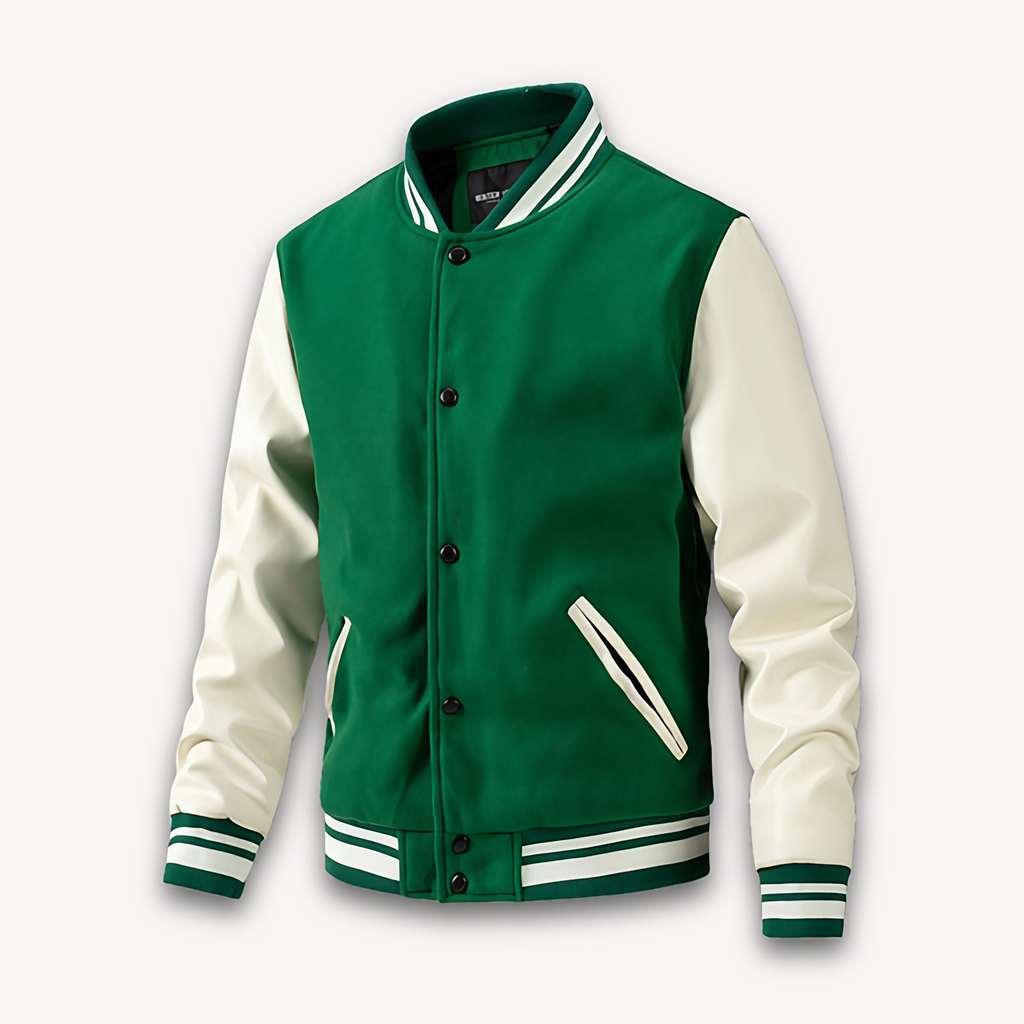 Veste universitaire homme à boutons pression, manches effet cuir, vert