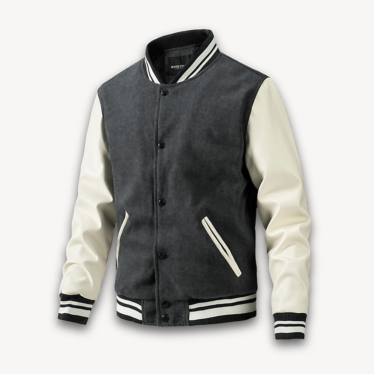 Veste universitaire homme à boutons pression, manches effet cuir, gris
