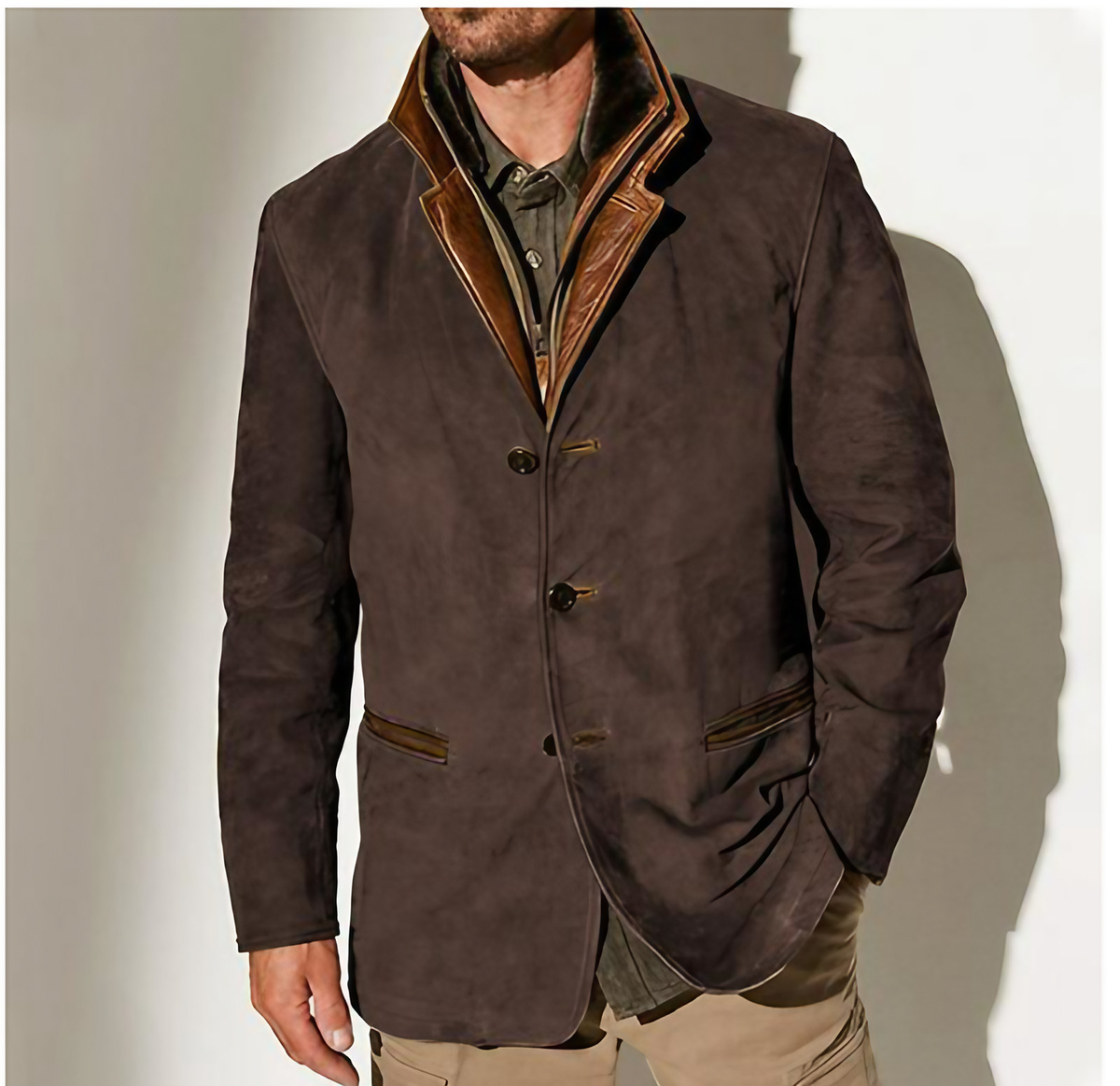 Veste homme vintage boutonnée à poches, doublée, cinq coloris, marron foncé
