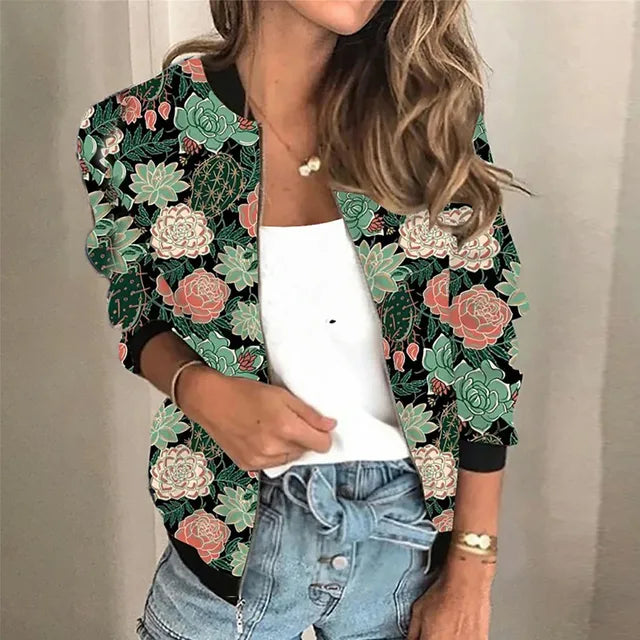 Veste zippée imprimée femme, coupe ajustée, poignets élastiques, vert