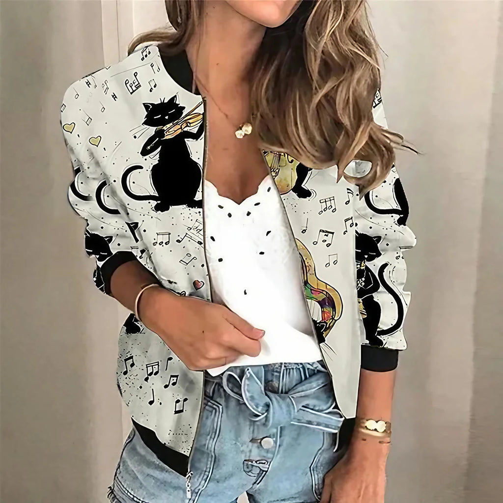 Veste zippée imprimée femme, coupe ajustée, poignets élastiques, gris