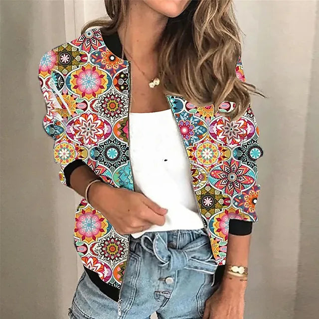 Veste zippée imprimée femme, coupe ajustée, poignets élastiques, multicolore
