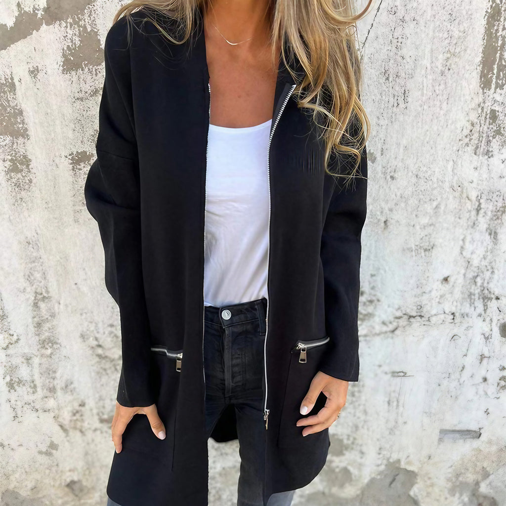 Veste zippée femme à col classique, manches longues, cinq coloris, noir