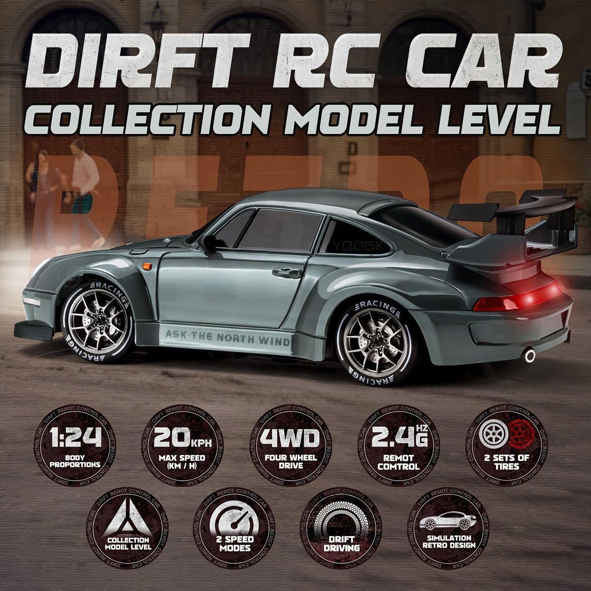 Voiture télécommandée de drift 4x4 à lumières LED, rechargeable